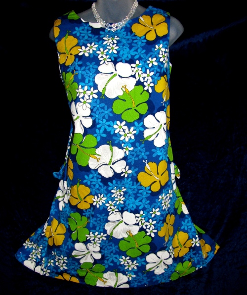 ukilau Hawaiian Barkcloth Blue Flower Power Dress