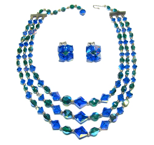 Blue Green Three Strand Crystal Necklace and Earrings