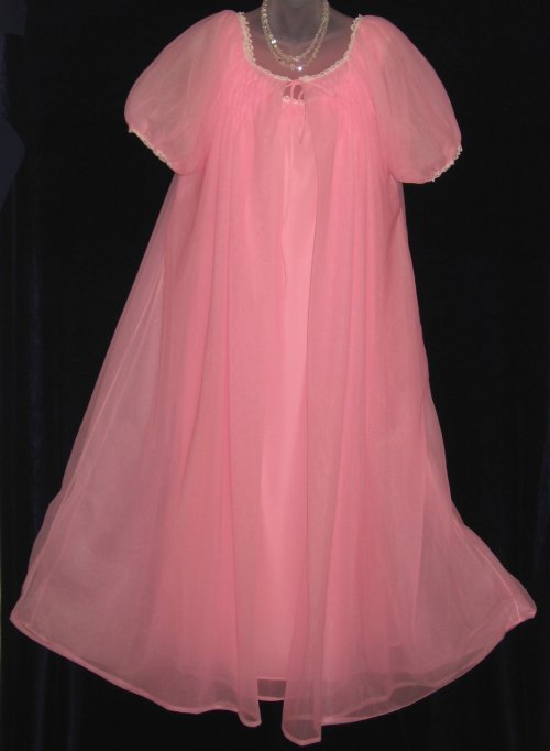 Vintage Pink Chiffon Peignoir Set Smocked